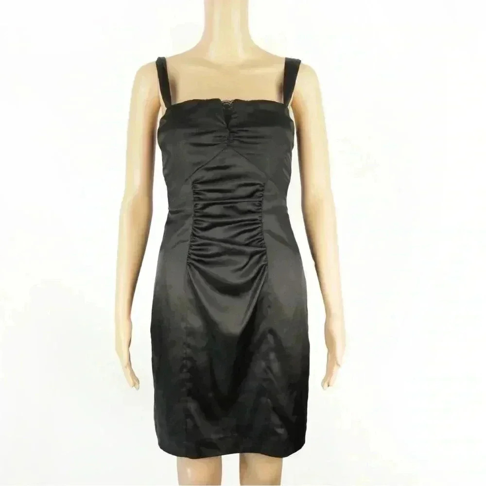 Vintage 90s 2000s Y2K Le Chateau  Black Lace Ruffle Satin Dress